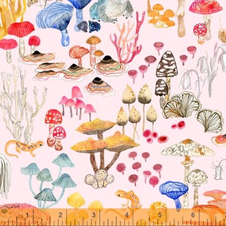 Fat Quarter Deep Forest Mushrooms Frogs on Pink 100% Cotton Quilting Fabric