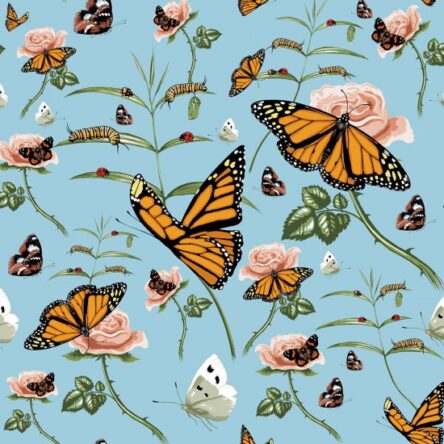 Fat Quarter Botanical Butterflies on Blue Nutex 100% Cotton Quilting Fabric