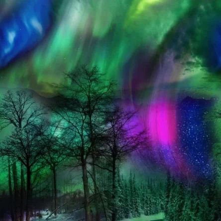 Northern Lights Aurora Trees Cotton Quilting Fabric Panel