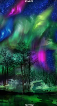 Northern Lights Aurora Trees Cotton Quilting Fabric Panel